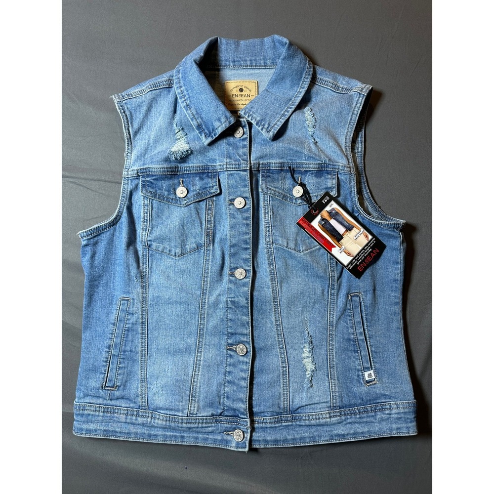 Enjean Womens Light Wash Distressed Denim Vest Stretch Plus Size 1X